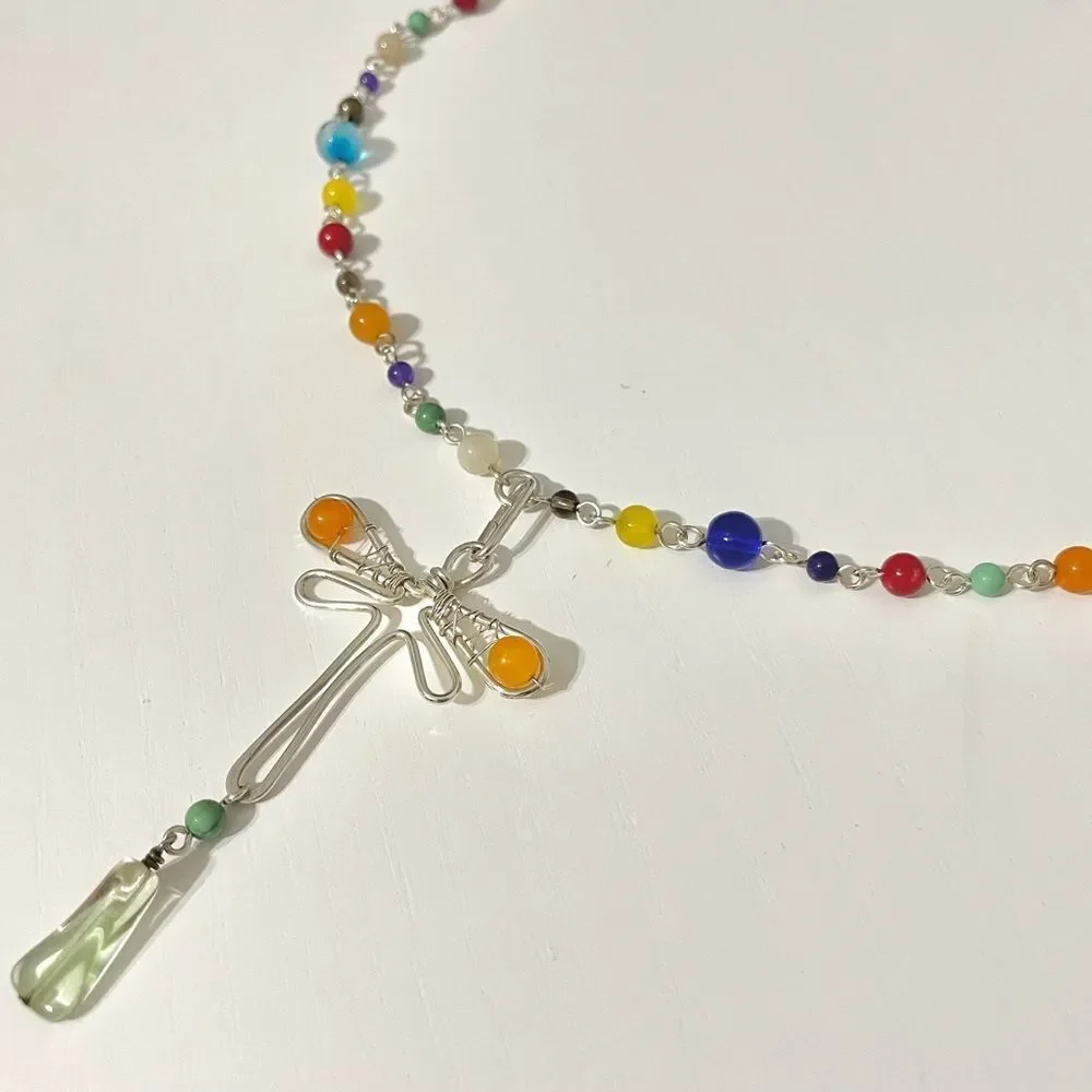 Handmade‎ Silver Dragonfly Rainbow Glass Beaded Necklace Long